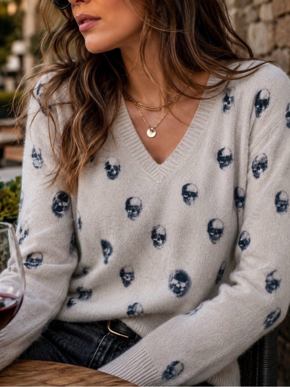 Skull Cashmere Cream V-Neck Sweater with Gray Skull Motif